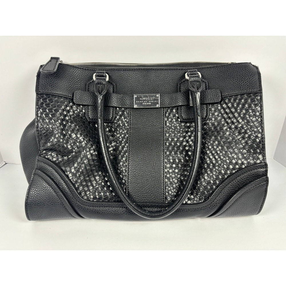 GUESS Black Woven Pebbled Vegan Leather Shoulder‎ Bag Tote Leopard Print Lining